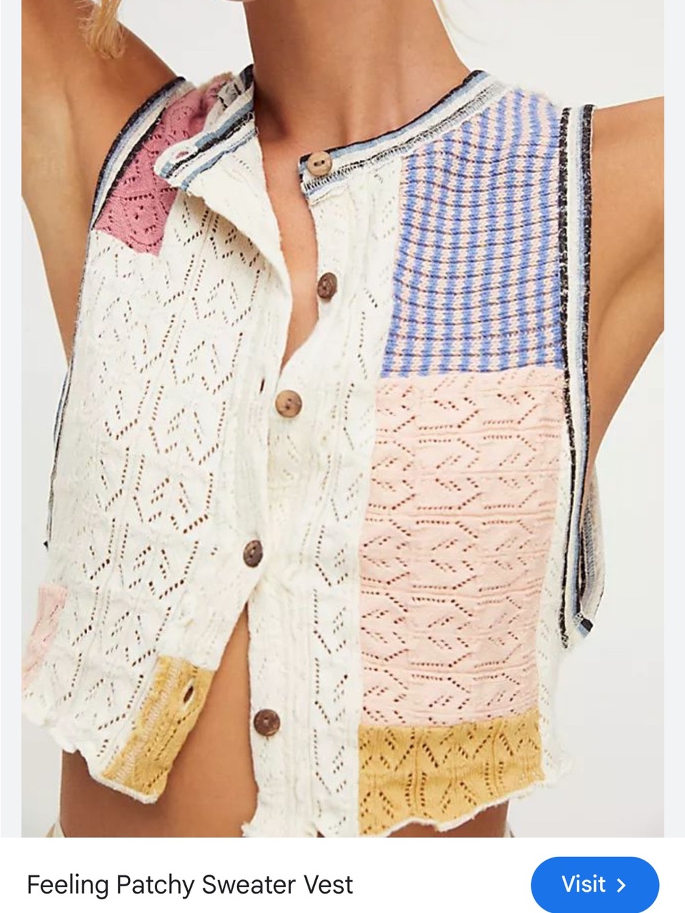 Free People Feeling Patchy Vest Patchwork Knit Vest in Cream, Pink & Blue